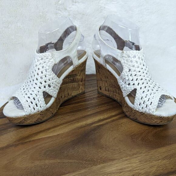 NWOT So Women’s 7.5 White Taffy Canvas Wedge Open Toe Sandals Heels - Picture 7 of 11